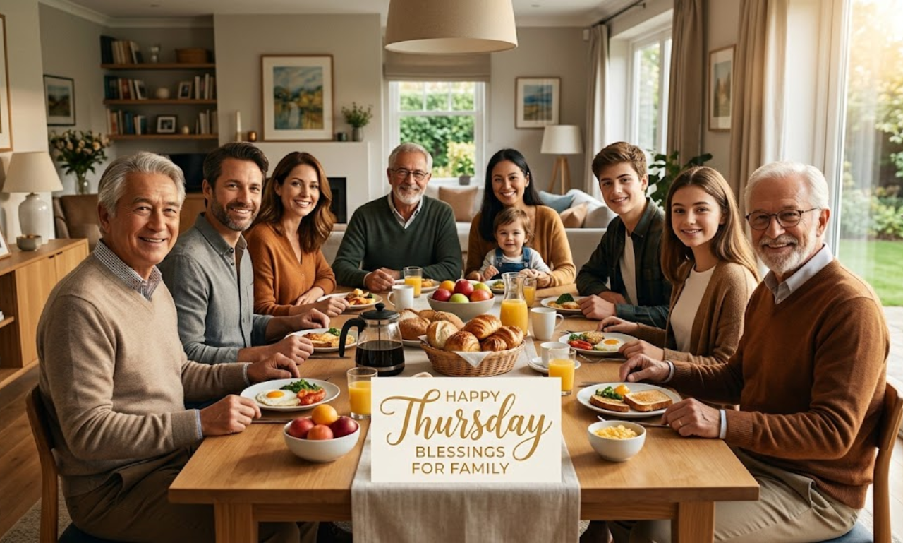 Happy Thursday blessings for family enjoying a warm morning breakfast together at home.