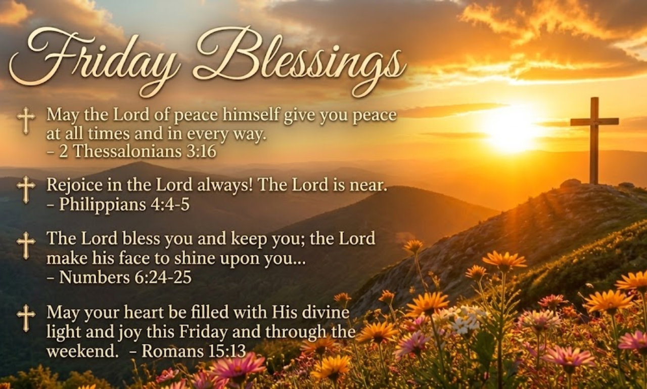 Bible-inspired Friday blessings with uplifting words of faith, hope, peace, and prayer.