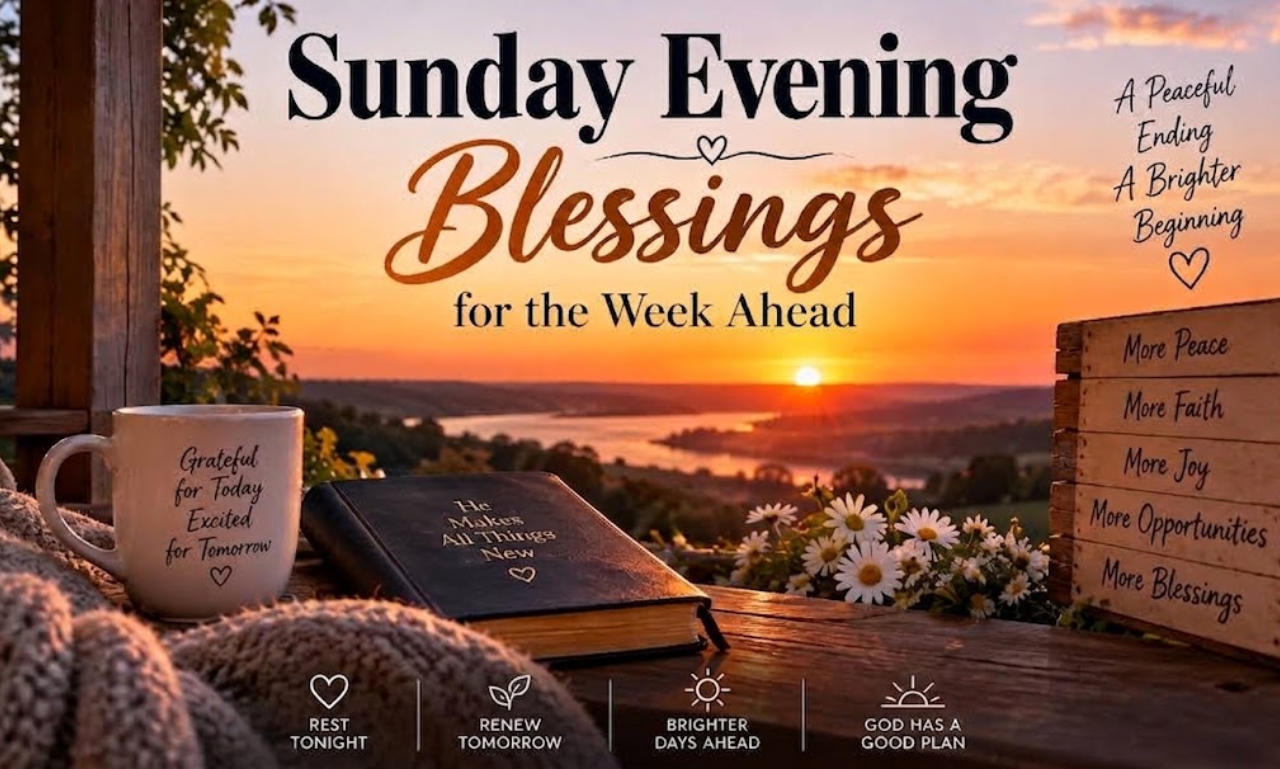 Sunday evening blessings for the week ahead with peaceful sunset view, prayer book, coffee cup, inspirational faith message, and hope for a blessed new week