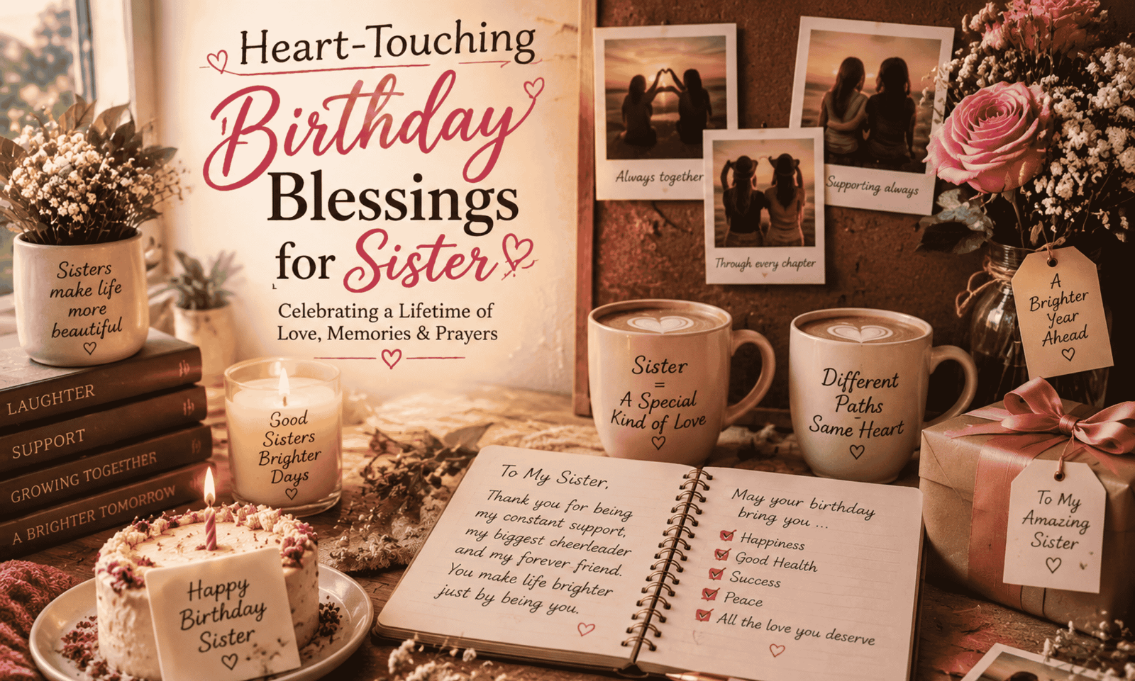 Heart-touching birthday blessings for sister featuring a warm birthday celebration setup with flowers, cake, handwritten wishes, gifts, and heartfelt sisterhood memories.