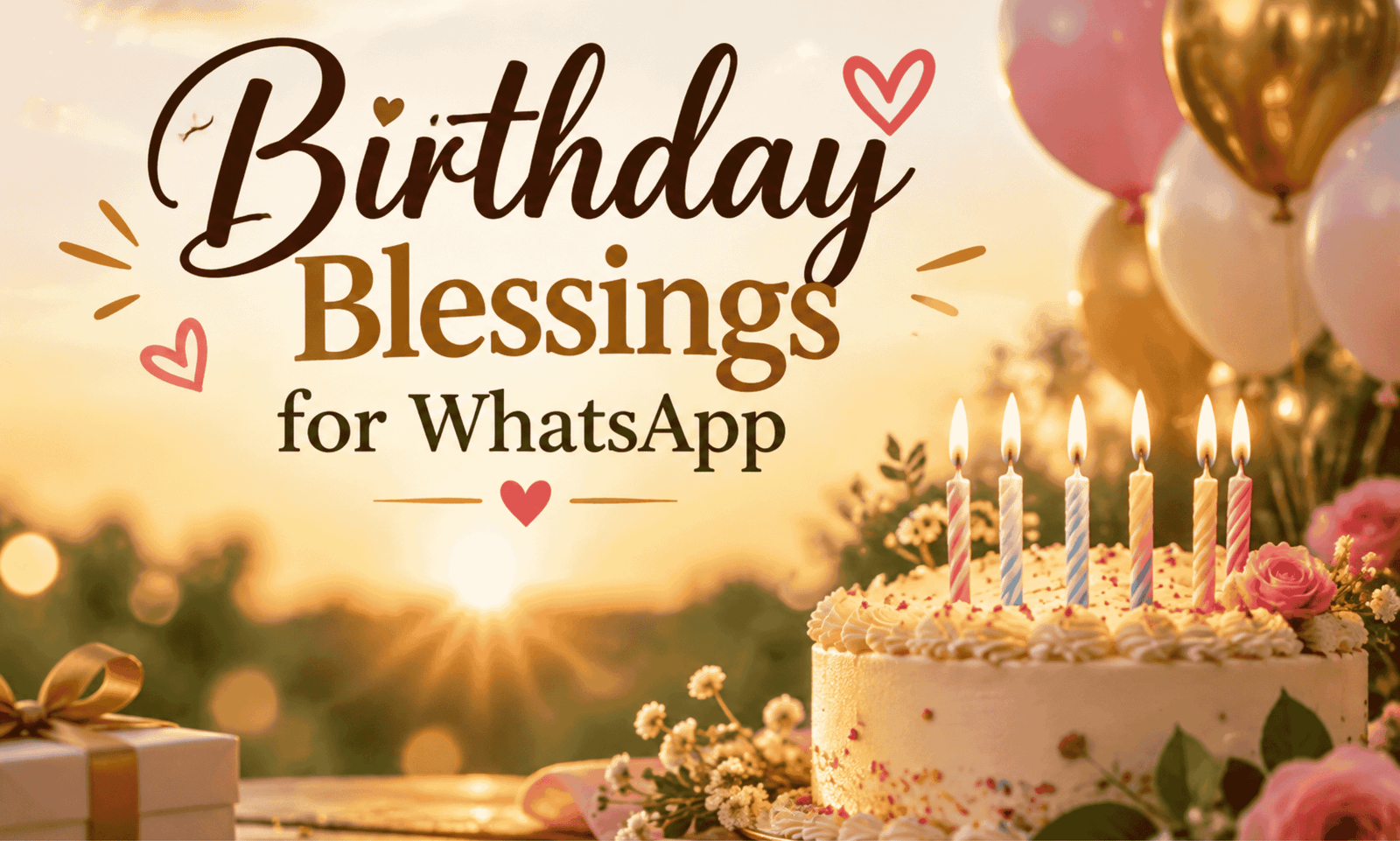 Birthday Blessings for WhatsApp with a beautiful birthday cake, candles, balloons, flowers, and heartfelt celebration background