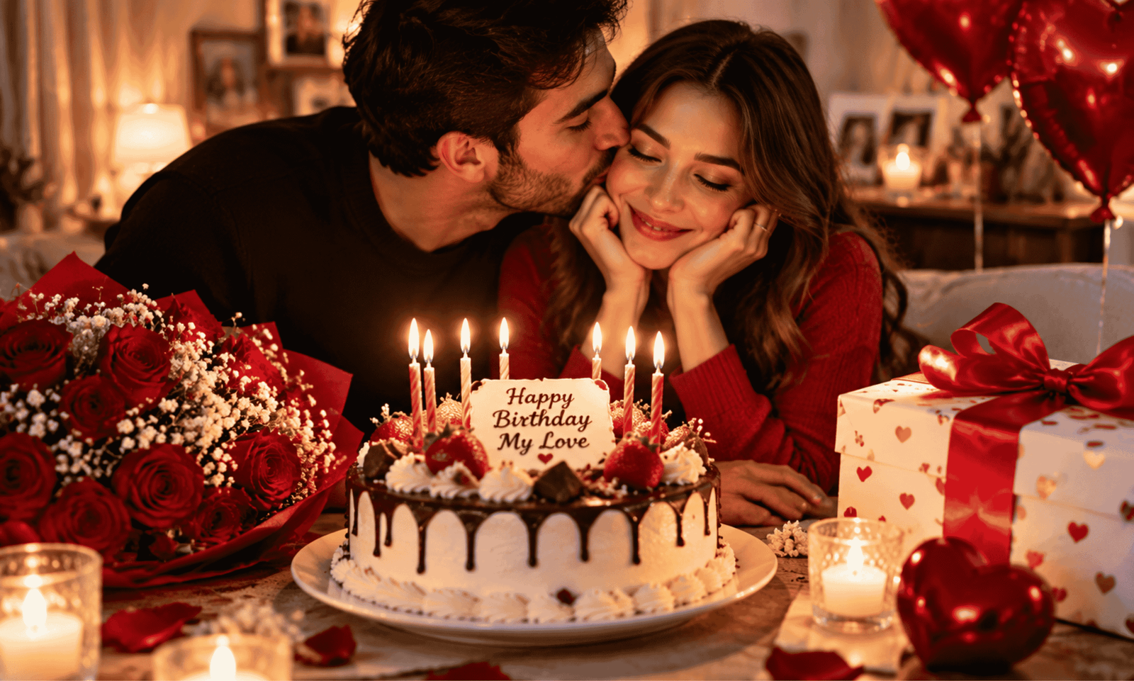 Romantic Birthday Wishes for Husband and Wife with a loving couple, birthday cake, roses, candles, and romantic celebration setup