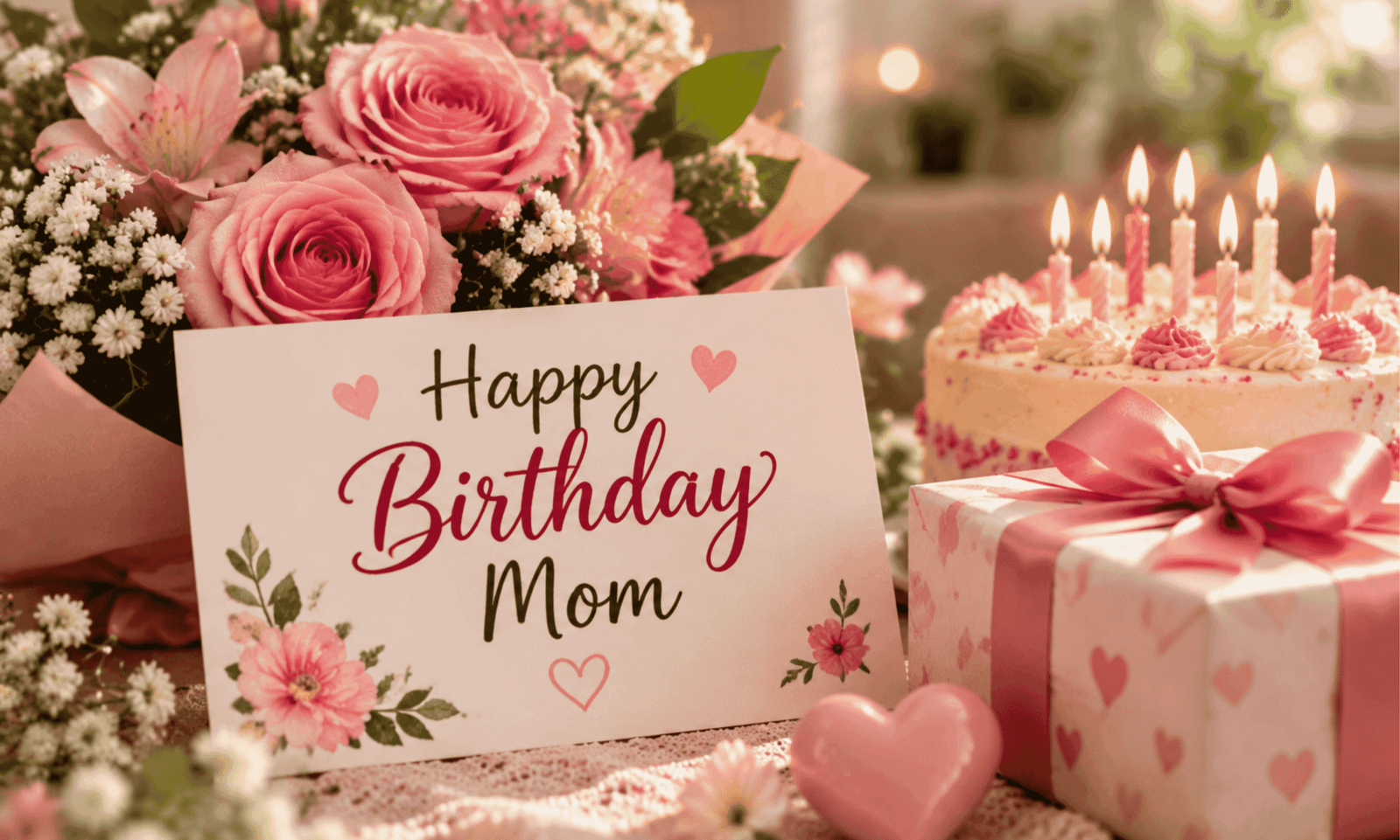 Short birthday blessings for mom with flowers, birthday card, cake, and heartfelt wishes