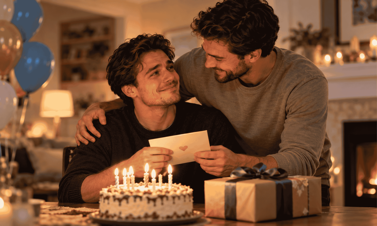 Heart touching birthday blessing moment between brothers with cake and gift