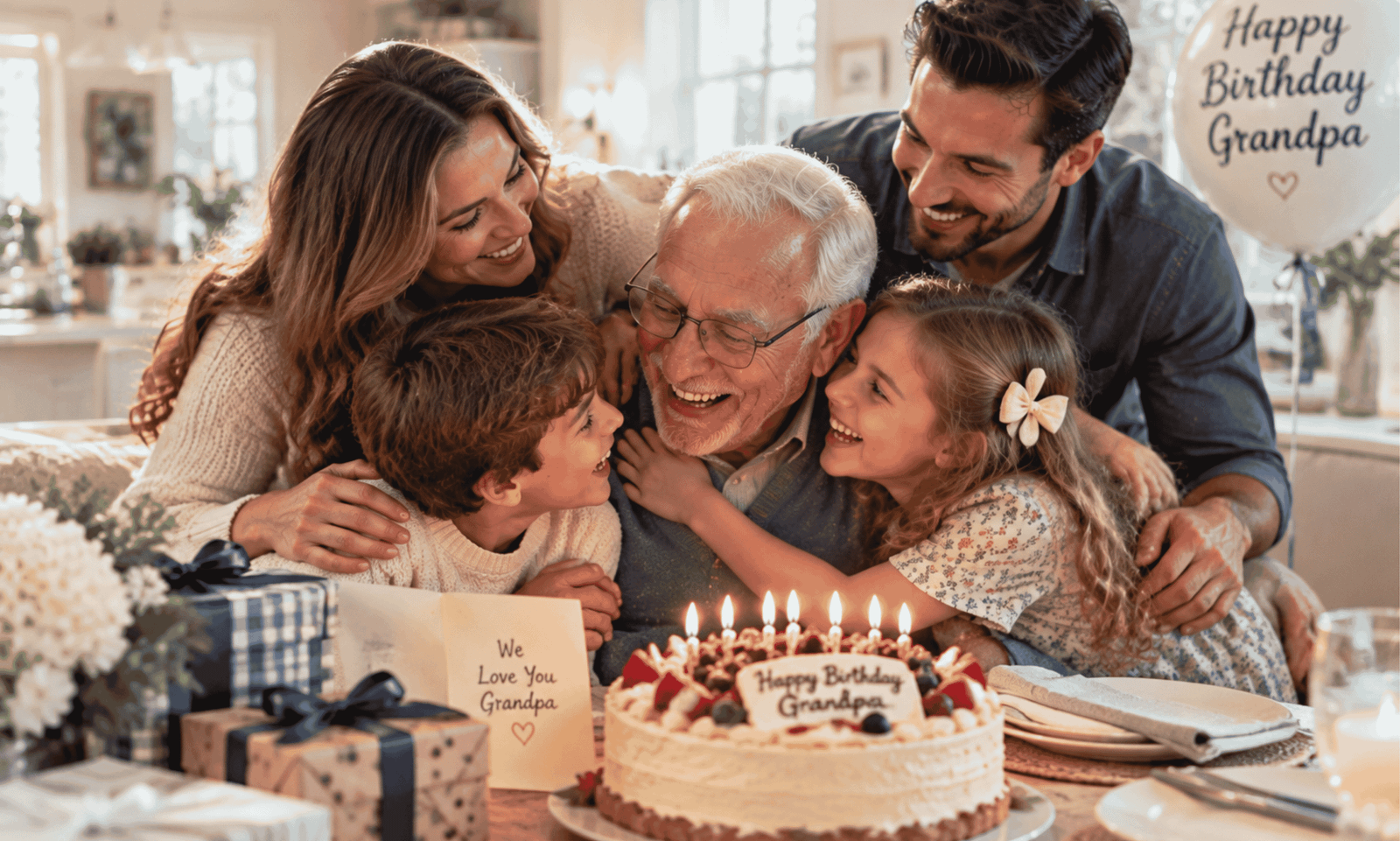 Grandpa celebrating his birthday with grandchildren and family, sharing a loving moment with cake, gifts, and flowers at home