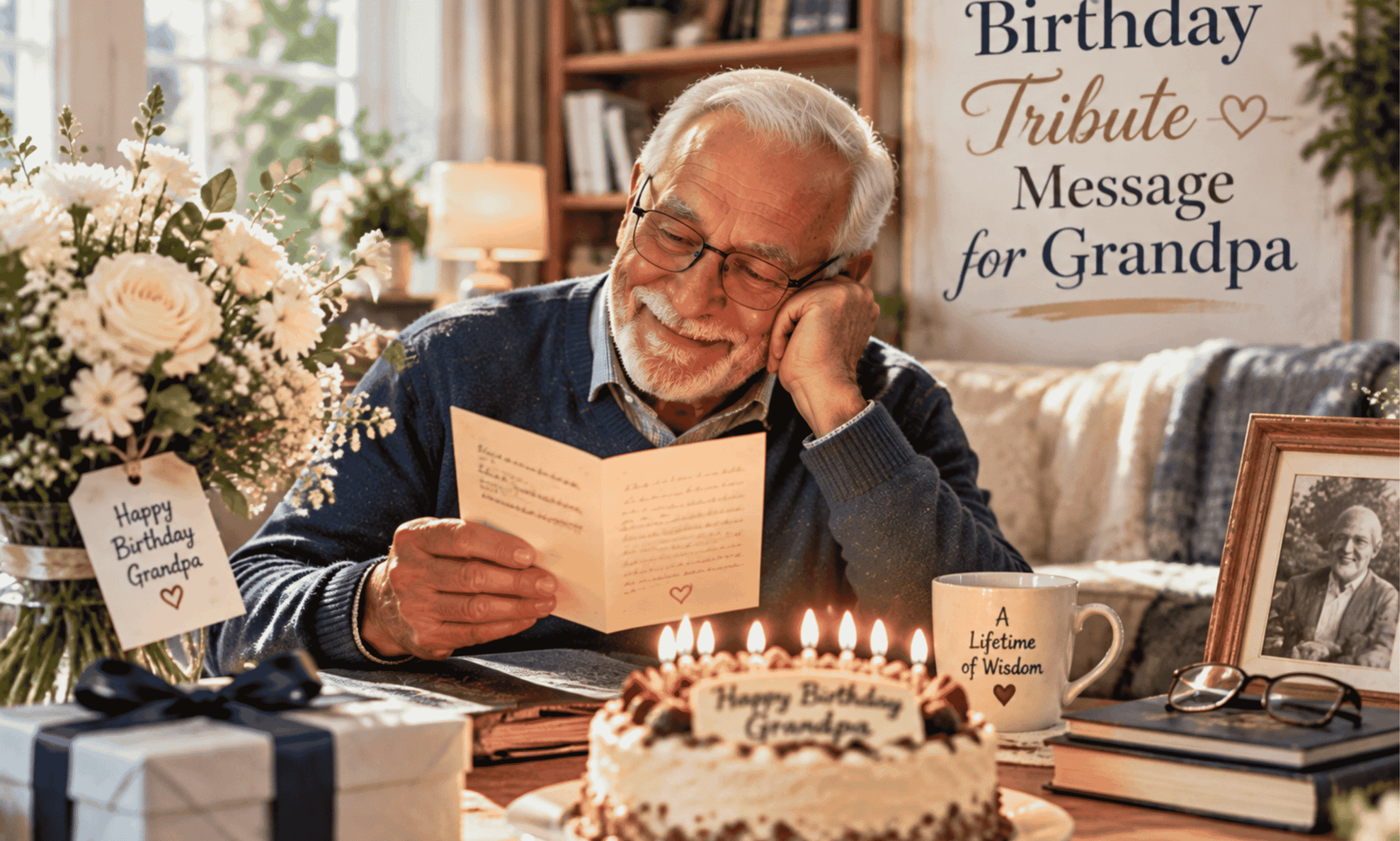 Grandpa reading a heartfelt birthday card at home with a birthday cake, flowers, gifts, and a warm tribute message setup
