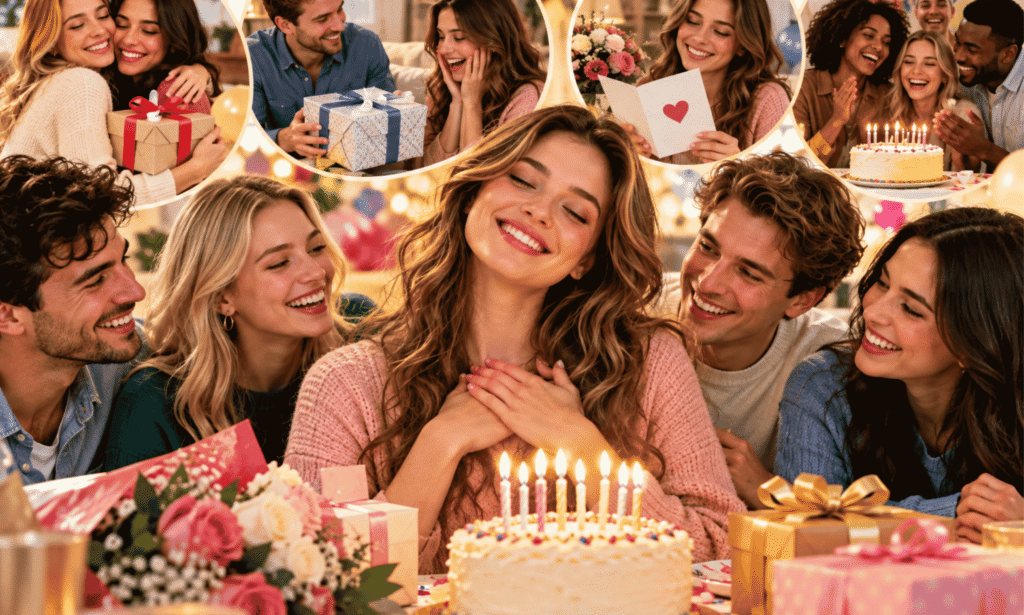 Birthday Thank-You Messages with a woman celebrating her birthday surrounded by friends, gifts, cake, and greeting cards