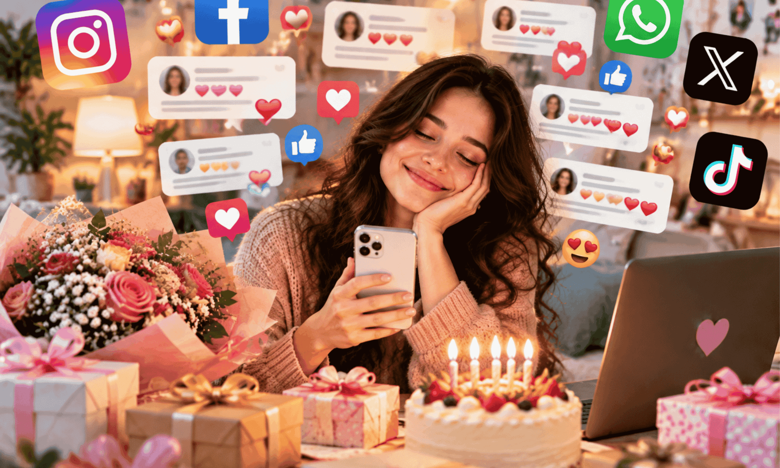 Birthday Thank-You Messages for Social Media featuring a woman sharing appreciation posts on smartphone with birthday cake, gifts, and social media reactions