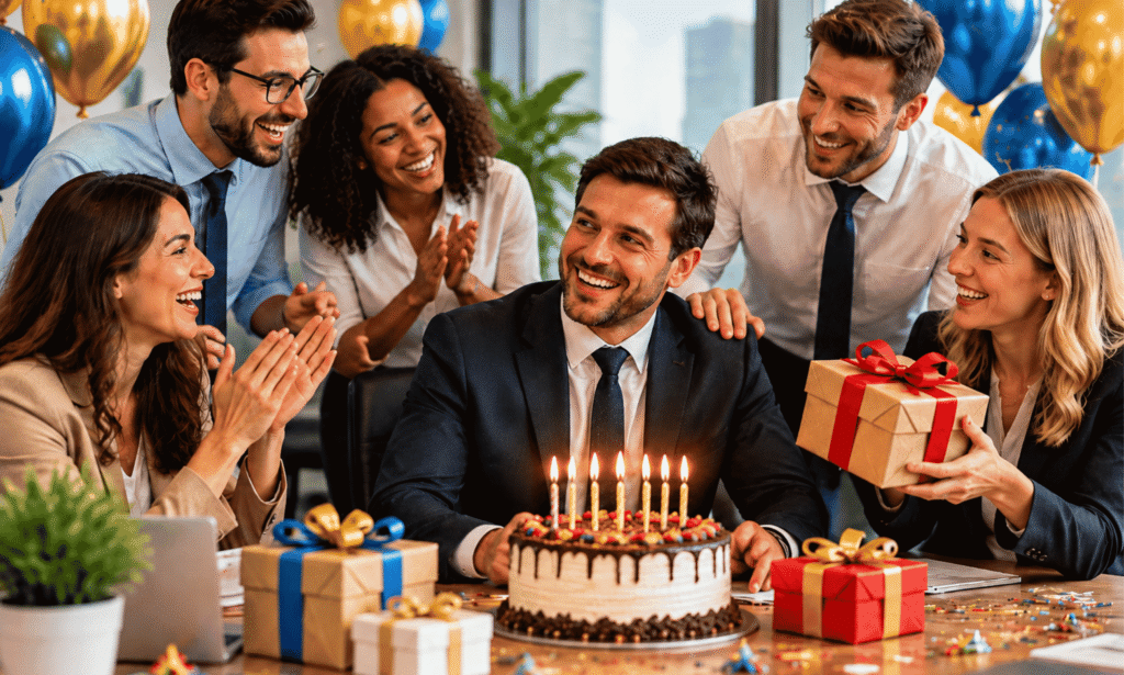 Happy birthday boss funny wishes celebration with employees in office
