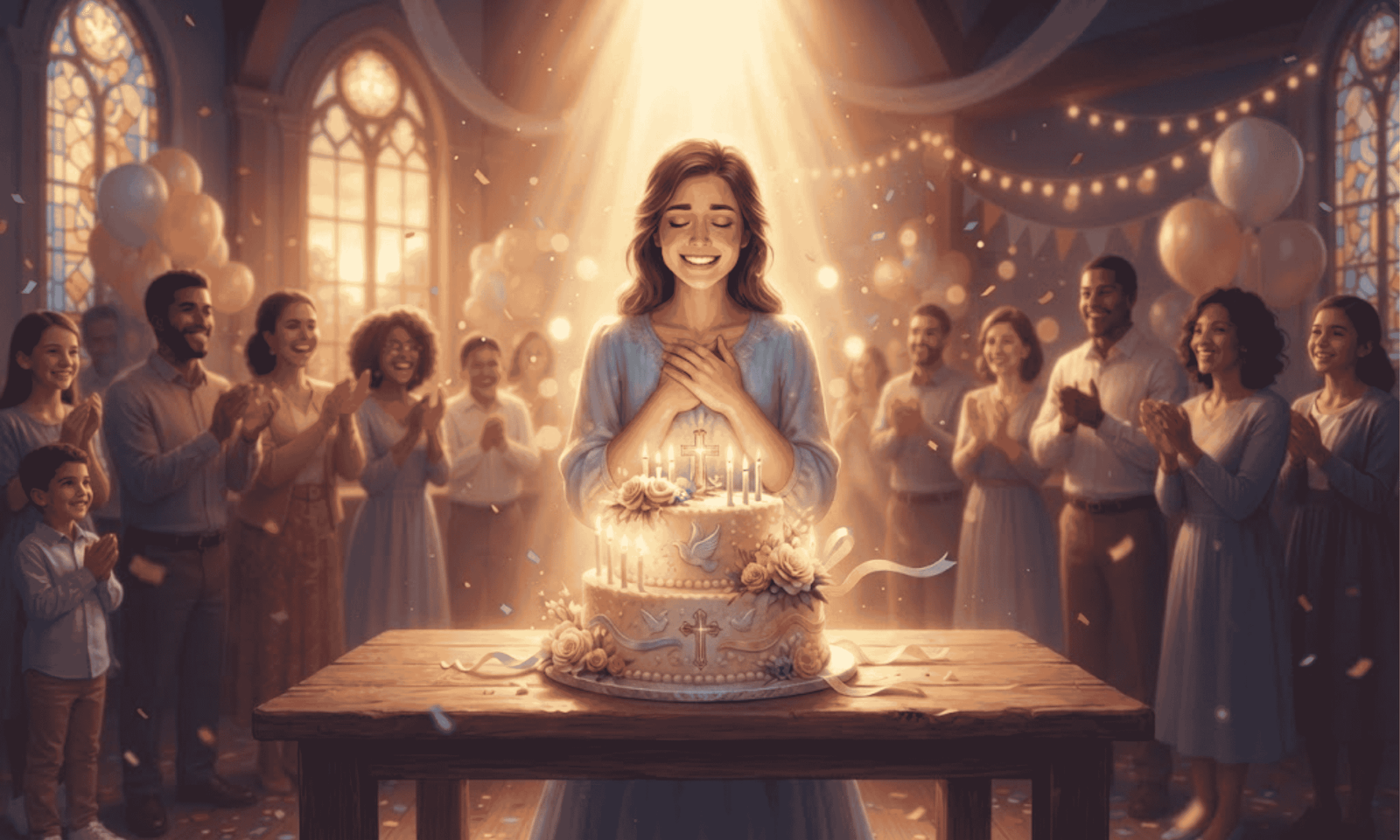 A joyful young woman celebrating her birthday with family under divine blessing light, with no text