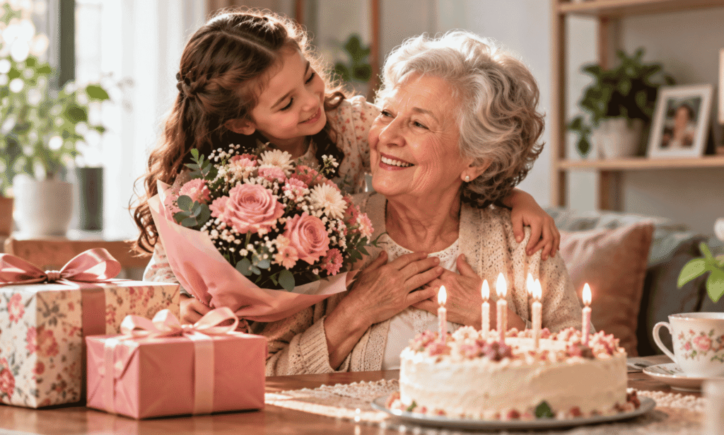 Happy birthday grandma message with loving granddaughter, flowers, birthday cake and gifts