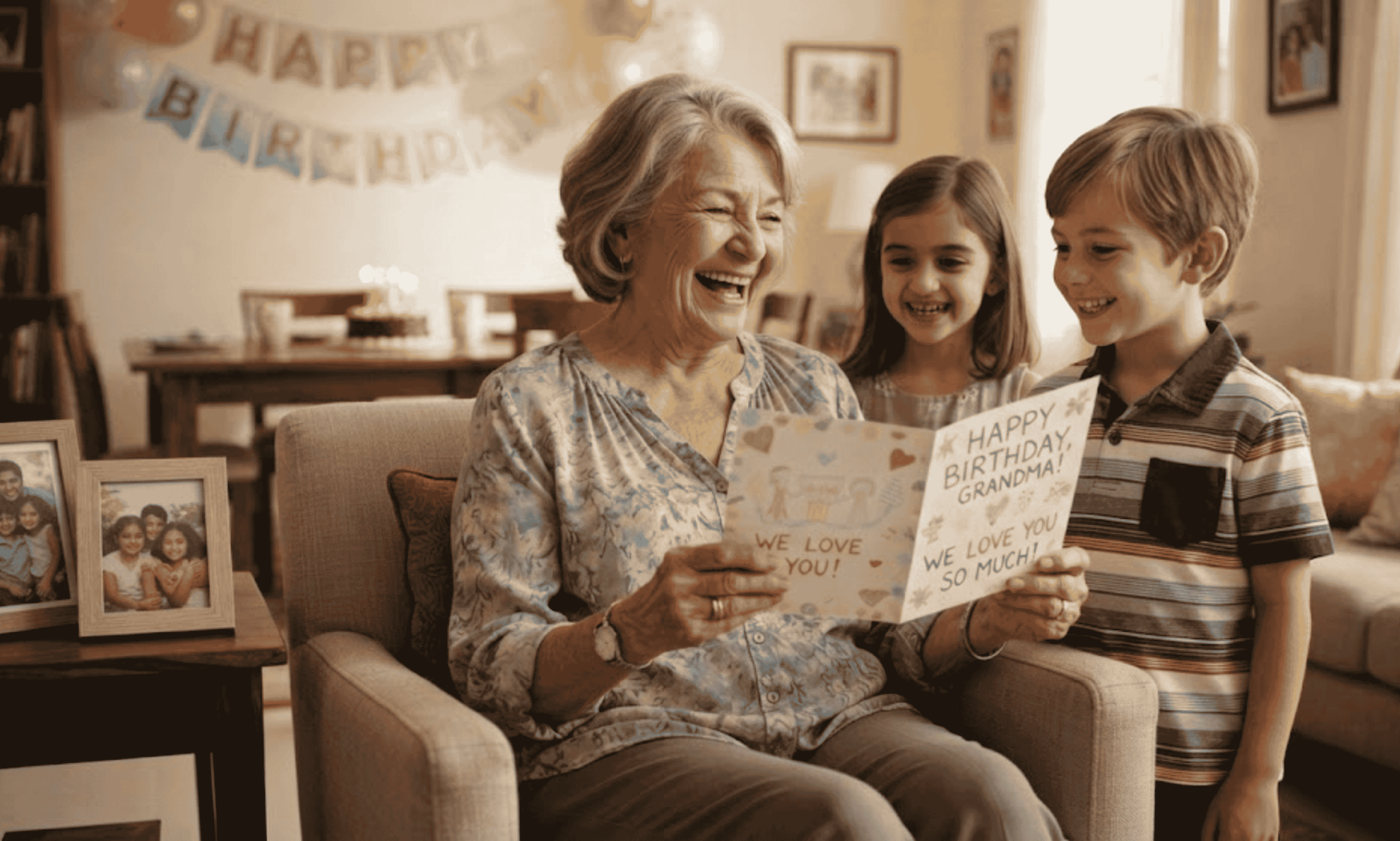 grandmother reading heartfelt handmade birthday card with grandchildren