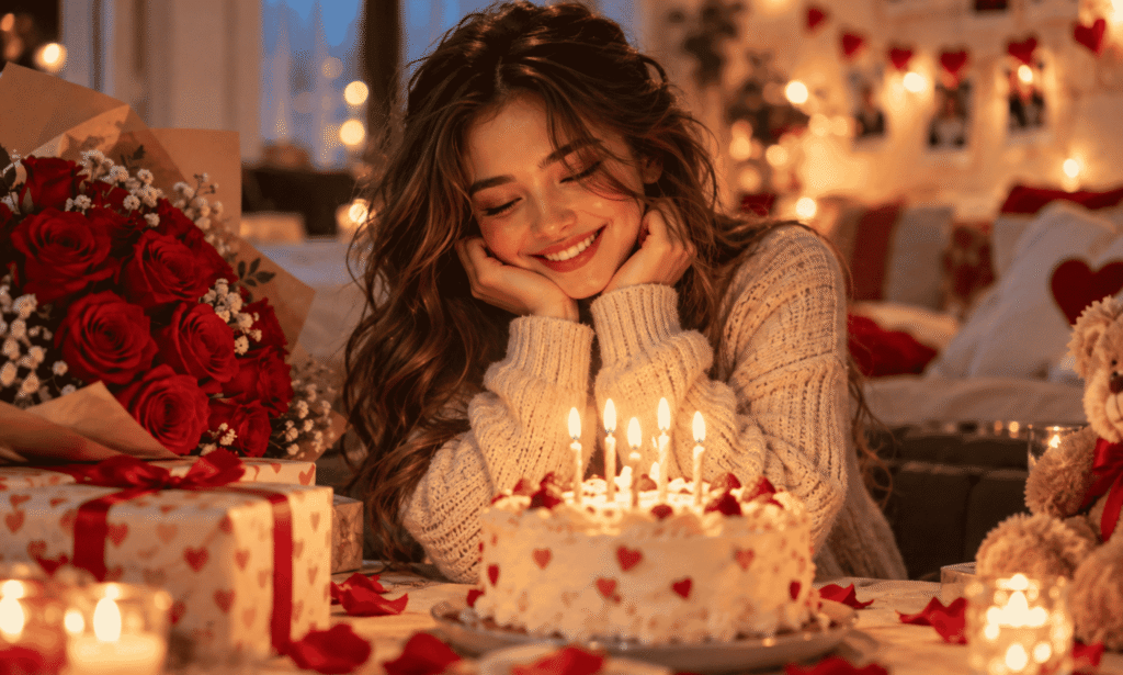 Birthday wishes for girlfriend with romantic cake, roses and heartfelt birthday celebration