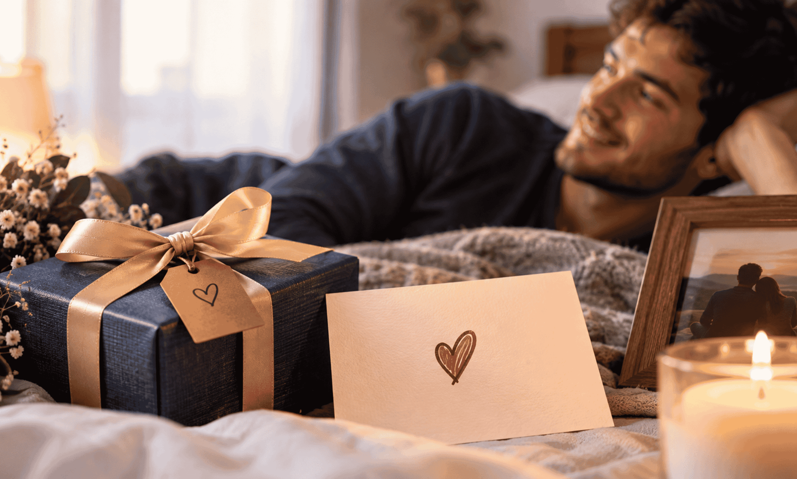 Romantic anniversary gift box with heart card, candle, and framed couple photo on a cozy bed setting