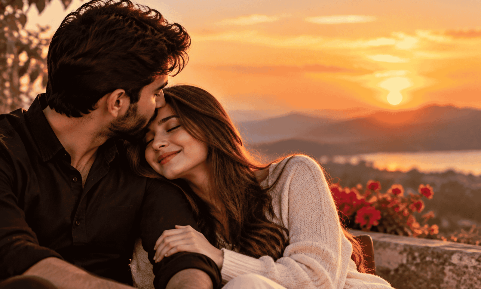 Short and sweet love quotes for him with romantic couple sharing an emotional moment