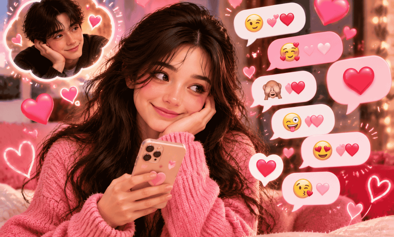 Flirty replies to "I Miss You" featuring a woman texting on her phone with romantic hearts and playful emoji chat bubbles.