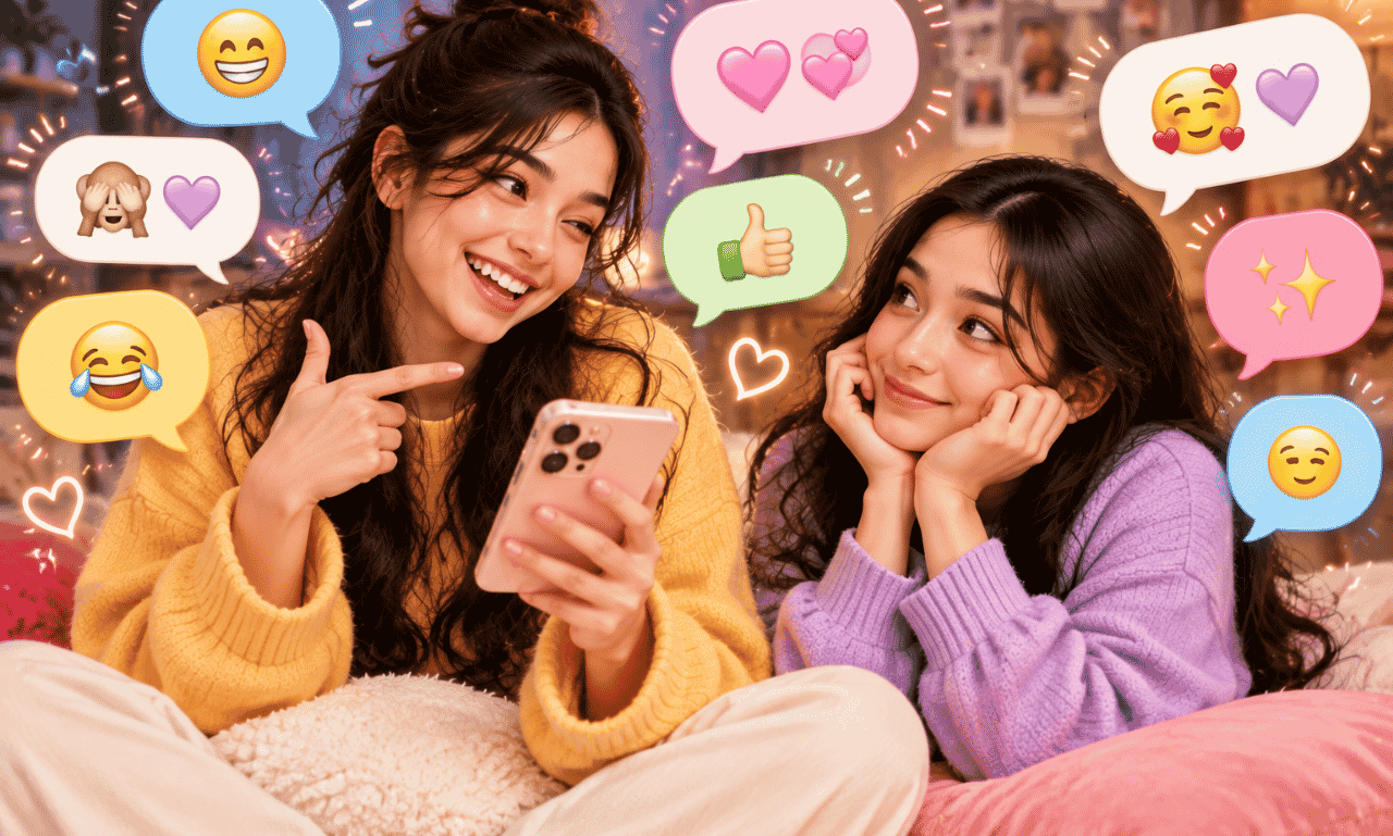 Friendly replies to "I Miss You" featuring two smiling friends with smartphones, cheerful emojis, and colorful heart-filled chat bubbles.