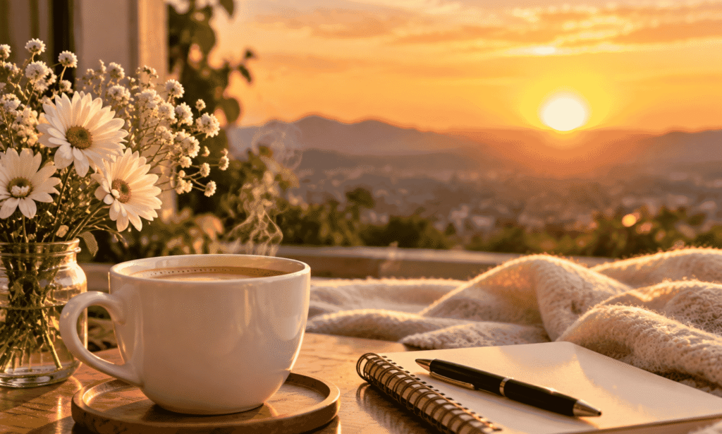 Cozy morning coffee, fresh daisies, and a journal at sunrise representing sweet good morning texts for every relationship.