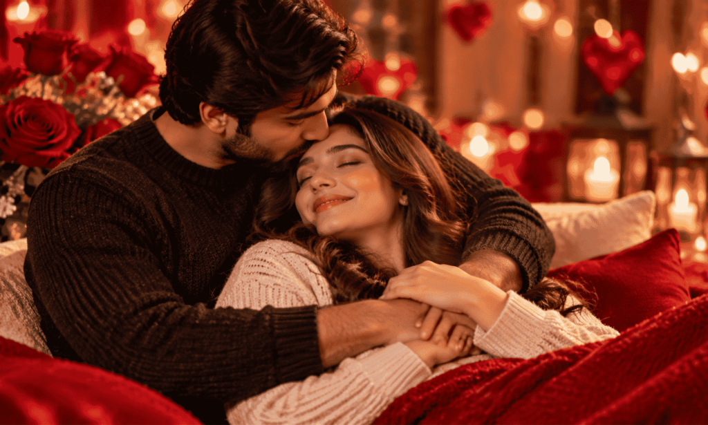 A loving couple sharing a tender Valentine’s moment on a cozy sofa surrounded by red roses and warm candlelight.