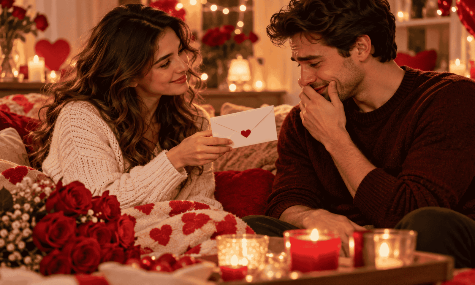 A loving couple sharing a heartfelt Valentine’s moment with a romantic love letter, red roses, and warm candlelight.