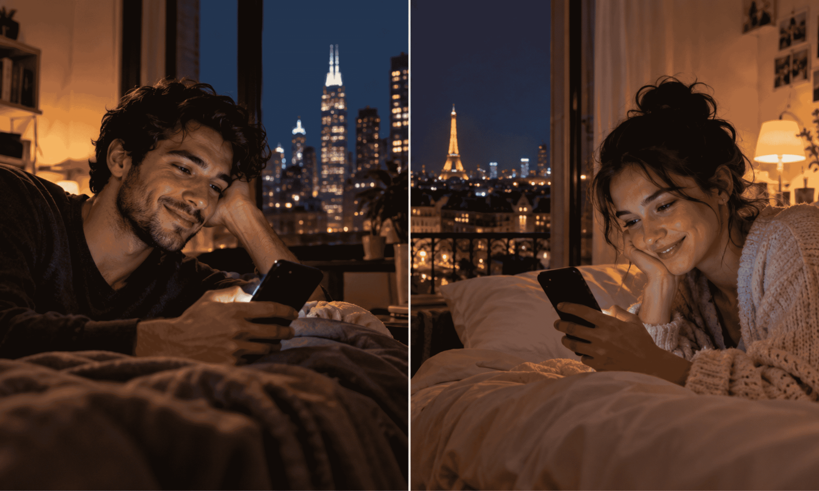 Writing A couple exchanging loving messages on their phones in a long-distance relationship.
