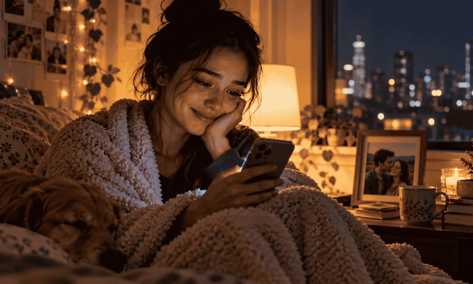 A woman wrapped in a cozy blanket, reading a comforting message on her phone during a lonely night, feeling reassured and emotionally supported.