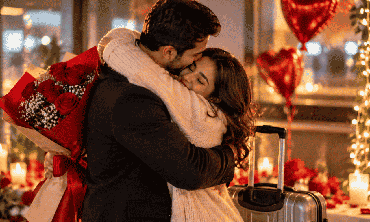 A couple embracing with a bouquet of red roses during a romantic anniversary reunion surrounded by warm candlelight and heart-shaped balloons.