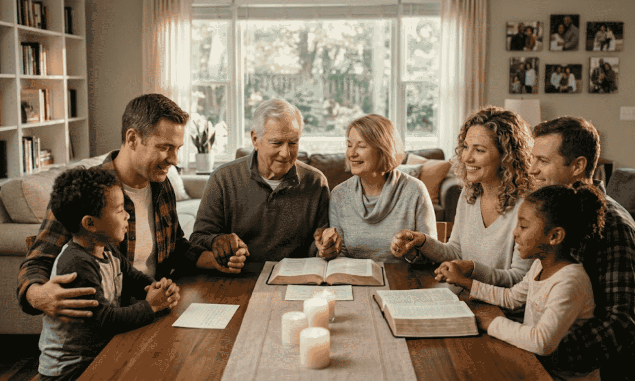 Heartfelt family blessings and prayers shared by a multigenerational family gathered together at home.