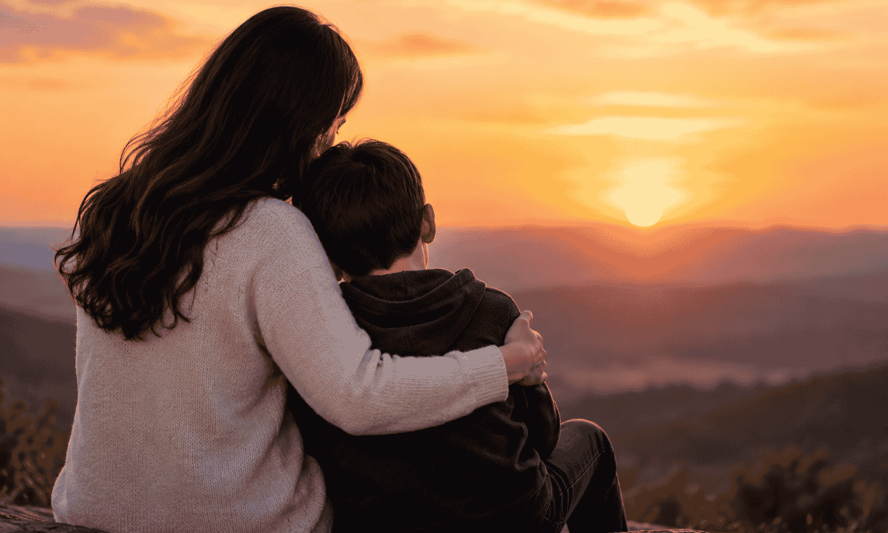 Mother comforting her son during a difficult time, representing love, emotional support, and quotes for a son who is struggling.