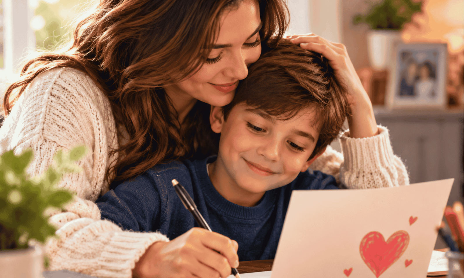 Mother and son sharing a heartfelt moment while writing a loving card together at home