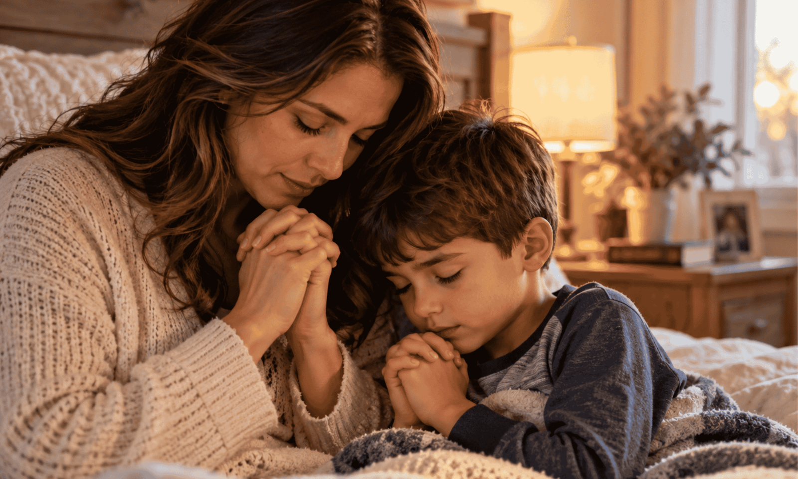 Mother praying with her young son at bedtime in a warm and peaceful bedroom