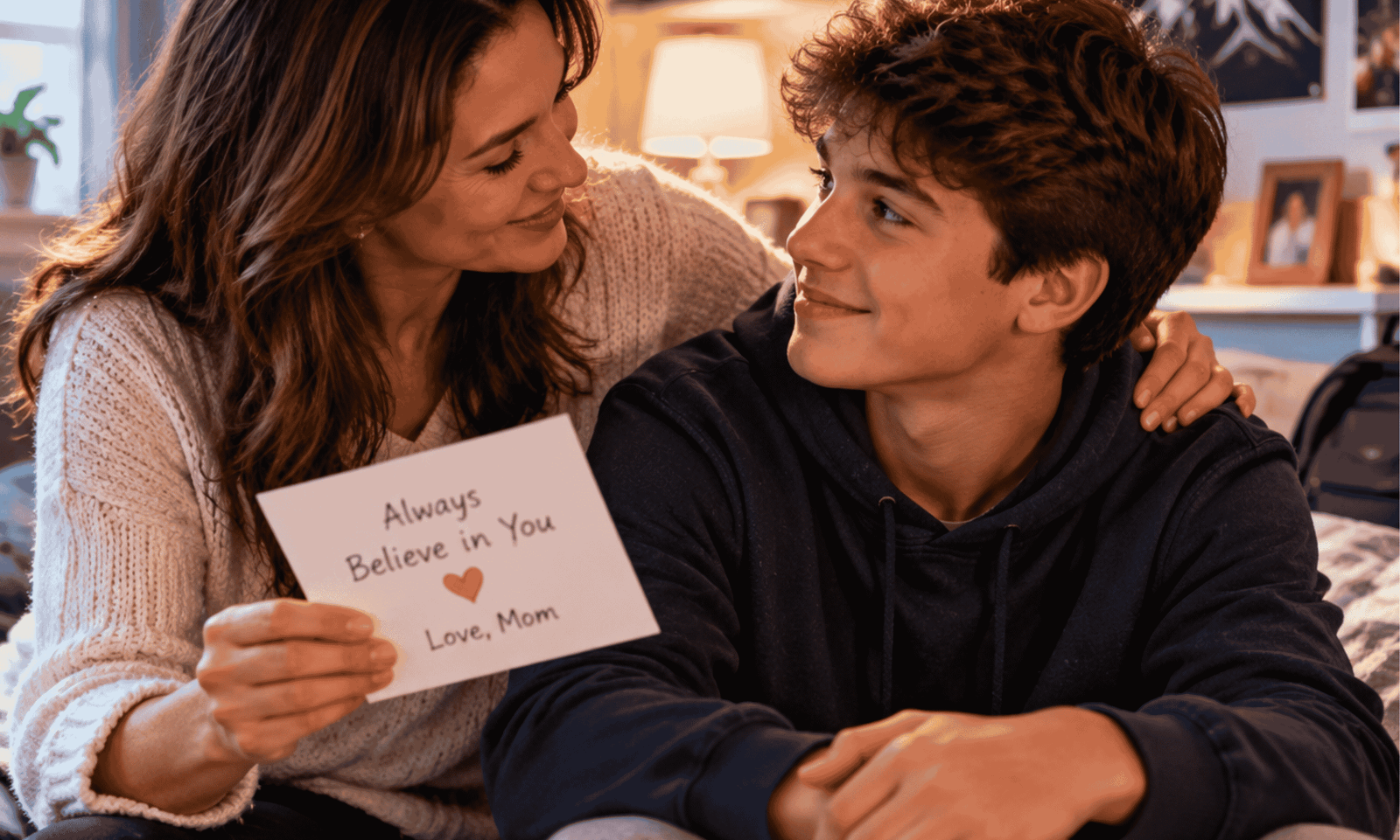 Mother sharing a heartfelt message with her teenage son in his bedroom, expressing love, encouragement, and support